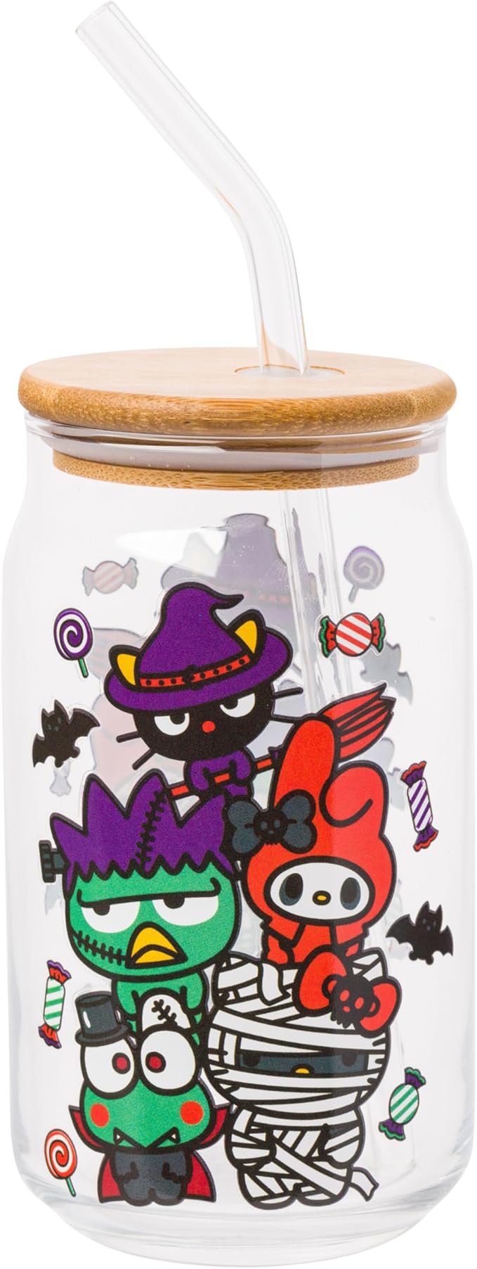 Silver Buffalo Sanrio Hello Kitty & Friends Halloween Spooky Badtz-Maru Frankenstein, Chococat Witch, My Melody Ghost, Keroppi Vampire, Mummy Glass Jar Tumbler w Bamboo Lid and Glass Straw, 16oz