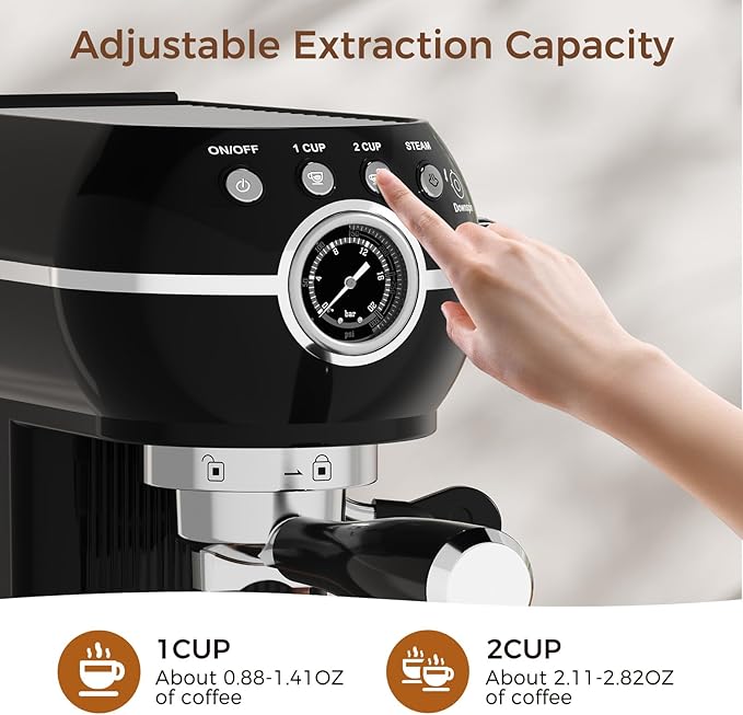 Espresso Machine with Milk Frother, 20 Bar Espresso Maker for Latte and Cappuccino, Expressions Coffee Machine with Removable Water Tank (Glossy dark)