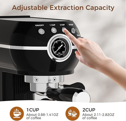 Espresso Machine with Milk Frother ，20 Bar Stainless Steel Espresso Maker with Milk Frother Steam Wand, Espresso Coffee Machine with Removable Water Tank (Black)