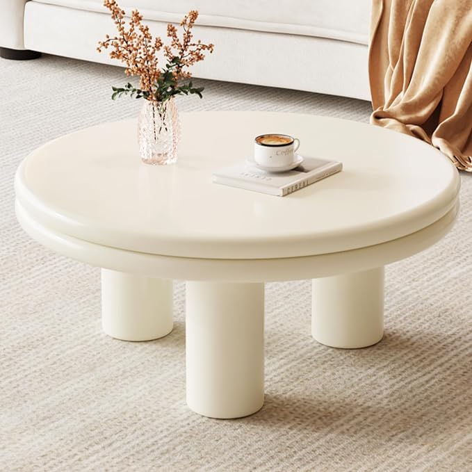 Modern Coffee Table, Round Coffee Table with Dual-Layered Table Tops, Cream White Living Room Center Table for Bedroom, Office, Small Spaces, Easy to Assemble