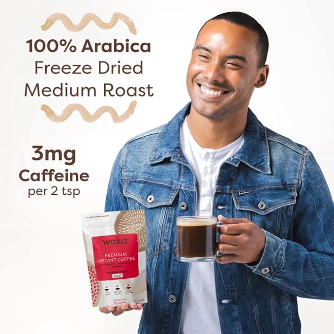 Waka Instant Coffee, Decaffeinated Medium Roast - 100% Arabica Colombian Beans, Freeze Dried Granules, No Sugar or Additives - Bulk Bag for Quick Hot and Iced Coffees, Up to 35 Cups (3.5oz)