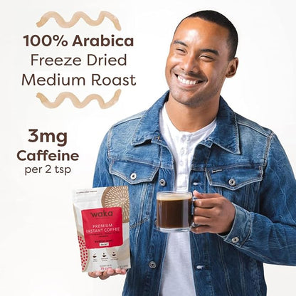 Waka Instant Coffee, Decaffeinated Medium Roast - 100% Arabica Colombian Beans, Freeze Dried Granules, No Sugar or Additives - Bulk Bag for Quick Hot and Iced Coffees, Up to 35 Cups (3.5oz)