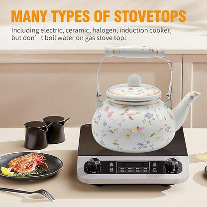 Enamel Teakettle Floral Teapot for Stovetop, 2.5L Large Green Floral Tea Kettle with Ceramic Handel Turkish Style(Green Rose)