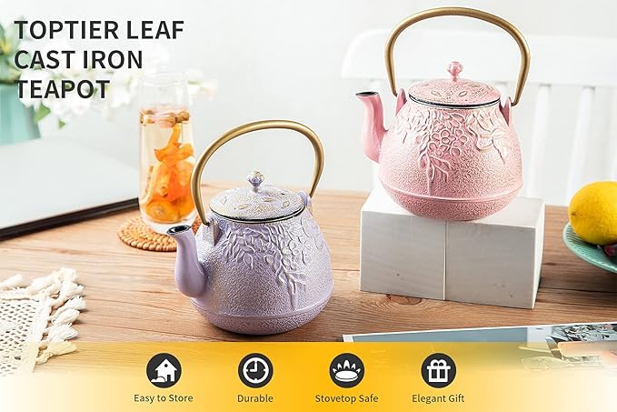 Cast Iron Teapot, TOPTIER Japanese Cast Iron Tea Pot with Infuser for Loose Leaf and Tea Bags, Stovetop Safe Cast Iron Tea Kettle Coated with Enameled Interior for 40 oz (1200 ml), Blush Pink