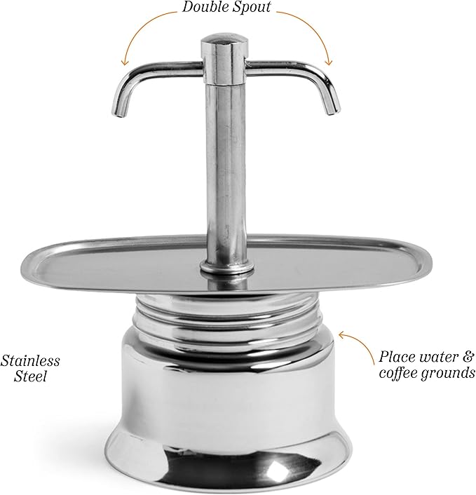 Kings County Tools Double Spout 2 Cup Coffee Maker - Stainless Steel Stovetop Espresso Maker - Italian Coffee Machine for Espresso, Cappuccino, and Mocha - Portable Brew Pot for Home or Camping