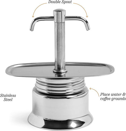 Kings County Tools Double Spout 2 Cup Coffee Maker - Stainless Steel Stovetop Espresso Maker - Italian Coffee Machine for Espresso, Cappuccino, and Mocha - Portable Brew Pot for Home or Camping