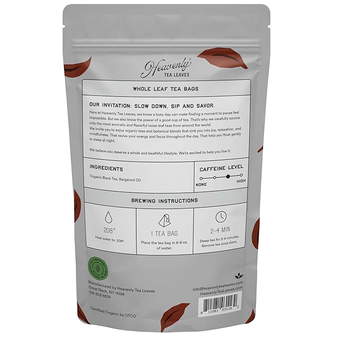 Heavenly Tea Leaves Organic Earl Grey (50 Pyramid Tea Bags), Bulk Compostable Black Tea Sachet - 100% Plastic Free, Premium Quality, Whole Tea Leaves in a Convenient Tea Bag