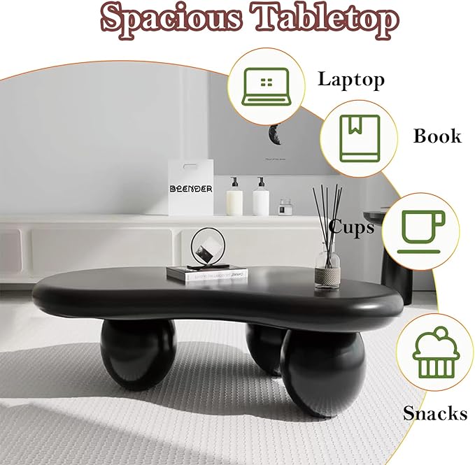 Asymmetric Black Coffee Table with 3 Stable Ellipsoid Leg, Modern Stylish Cloud Center Table - Cafe Books Laptop Snacks and Decor (D-39.37in)