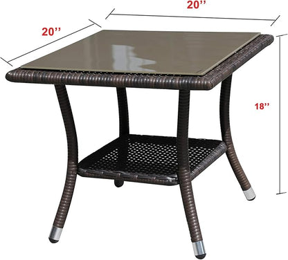 Super Patio Outdoor Side Table, 20" Square Wicker End Table, Tempered Glass Top Coffee Table with Storage, Aluminum Frame-Brown