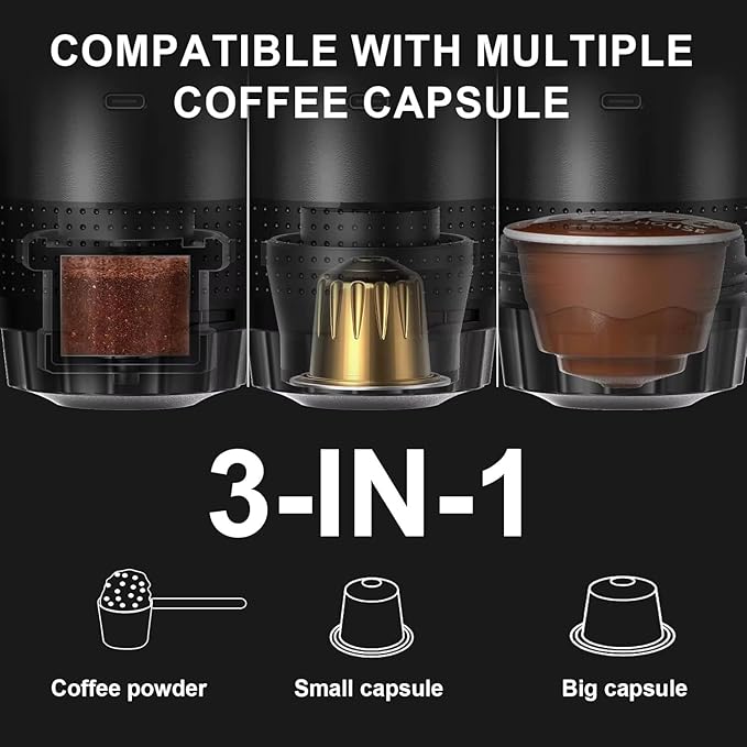 Portable Electric Espresso Machine - Self-Heating Travel Coffee Maker with USB-C, Compatible with Ground Coffee, NES & DG Capsules | Ideal for Camping, Car, Office, & Hiking