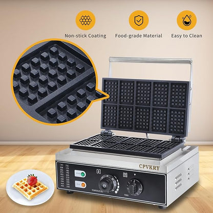 Commercial Rectangle Waffle Maker, 10pcs Waffle Iron, Non-Stick Industrial Belgian Waffle Maker Stainless Steel 110V Temp and Time Control, Suitable for Restaurant Bakeries Snack Bar Family