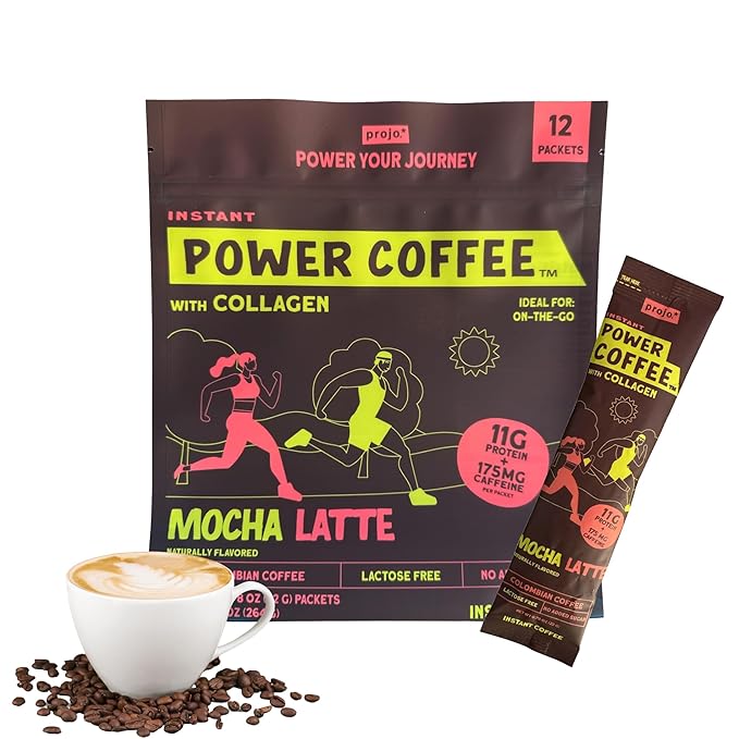 Projo* Power Coffee – Instant Coffee with 11g Protein – Grass-Fed Hydrolyzed Bovine Collagen & 175mg Caffeine – Mocha Latte Flavor – Organic – Energy Support – 12 Single-Serve Packets