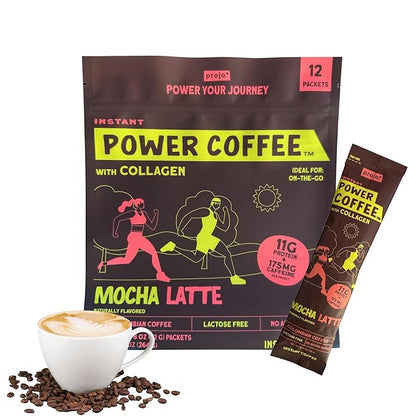 Projo* Power Coffee – Instant Coffee with 11g Protein – Grass-Fed Hydrolyzed Bovine Collagen & 175mg Caffeine – Mocha Latte Flavor – Organic – Energy Support – 12 Single-Serve Packets