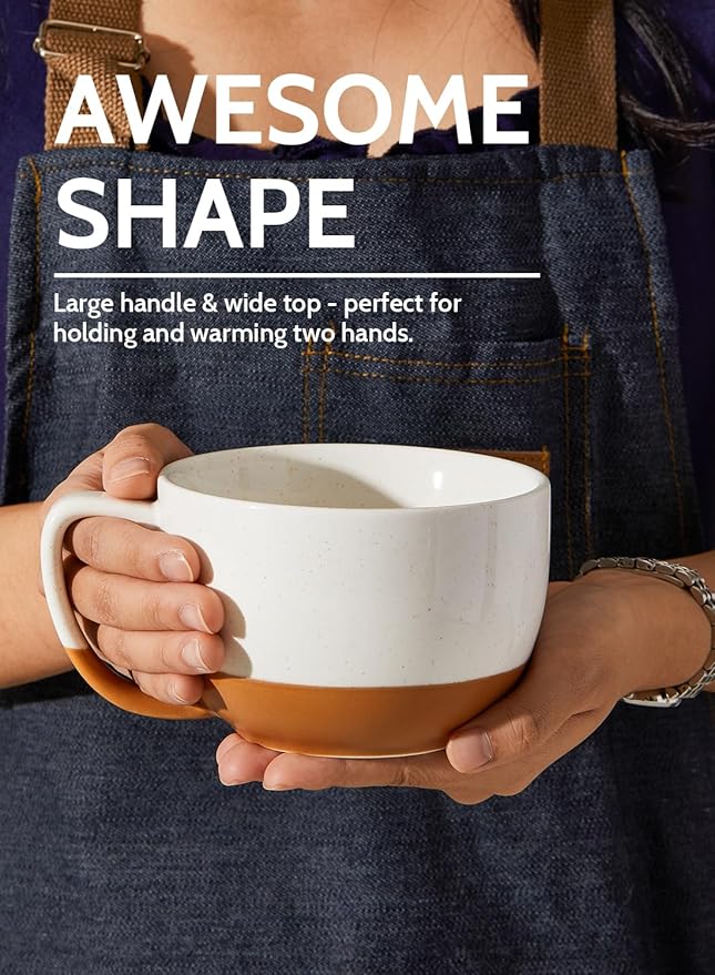 Teocera Beige Coffee Mugs Set of 4, 16 oz Ceramic Coffee Mug, Large Mug Set with Handle for Cold or Hot Drinks like Cocoa, Latte, Milk, Cereal, Durable Porcelain with Nordic Style