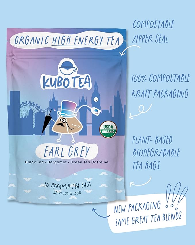 High Caffeine Tea (155 mg) - Kubo Tea: Organic Earl Grey Black Tea Bags for Clean Energy & Focus | Healthy Coffee Substitute | Bergamot Caffeine Blend | 20 Ct | Compostable Packaging