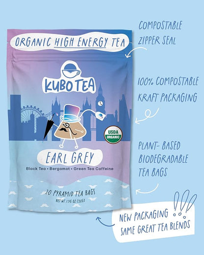 High Caffeine Tea (155 mg) - Kubo Tea: Organic Earl Grey Black Tea Bags for Clean Energy & Focus | Healthy Coffee Substitute | Bergamot Caffeine Blend | 20 Ct | Compostable Packaging