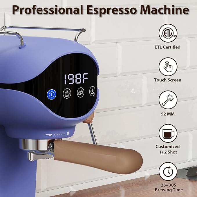 Espresso Machine with Steam Milk Frother Semi Automatic 20 Bar Compact Blue with Touch Screen for home Cafetera Espresso, Latte, Cappuccino, Americano, Macchiato