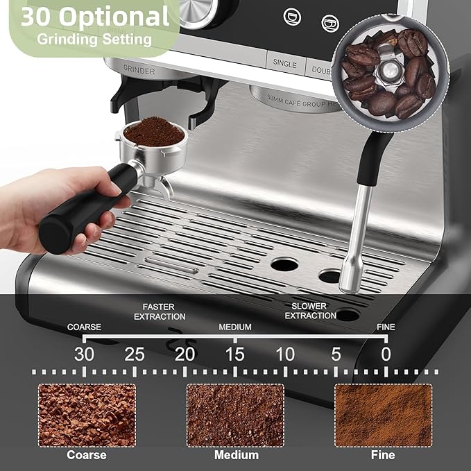 Semi-Automatic Espresso Machine - 1450W/20 Bar Professional Coffee Machine, 30 Grinder Settings, Fast Heating, Milk Frother Steam Wand, Home & Hotel Use, Silver