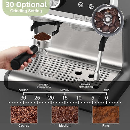 Semi-Automatic Espresso Machine - 1450W/20 Bar Professional Coffee Machine, 30 Grinder Settings, Fast Heating, Milk Frother Steam Wand, Home & Hotel Use, Silver