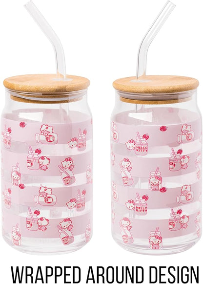 Silver Buffalo Sanrio Hello Kitty Strawberry Milk Pink Glass Jar Tumbler with Bamboo Lid and Glass Straw, 16 Ounces