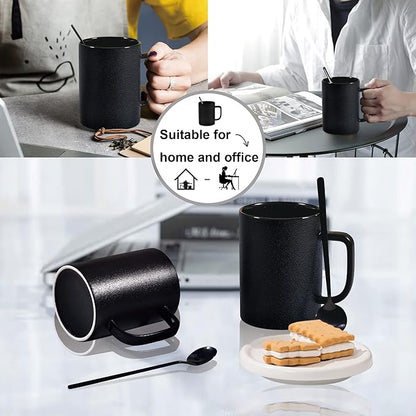 Coffee Mugs, Matte Black Ceramic Mug Set of 2, 13.5 OZ Large Coffee Set with Black Coffee Spoons, Big Cups for Cappuccino Latte or Tea for Home Office Restaurant or Bar, for Men and Women Couple Gift