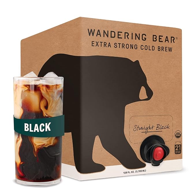 Wandering Bear Straight Black Organic Cold Brew Coffee On Tap, 128 fl oz (1 gallon) - Extra Strong, Bold, Smooth, Unsweetened, Shelf-Stable, Ready to Drink, 100% Organic Iced Cold Brewed Coffee Drinks