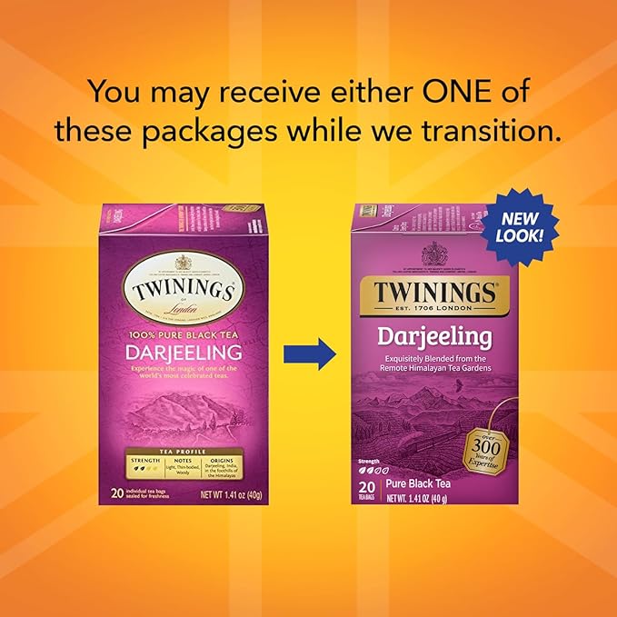 Twinings Darjeeling Tea - Caffeinated Black Tea Bags Individually Wrapped, 20 Count