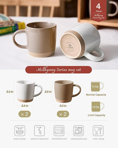 famiware Coffee Mugs for 4, 12 oz Mug Set, Dringking Cup with Handle for Coffee, Tea, Cocoa, Milk, Milkyway serise, White+Cinnamon Brown