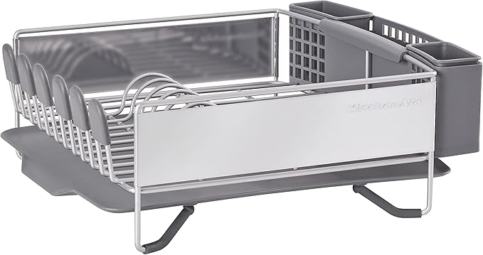KitchenAid Compact Space Saving, Dish Rack with Removable Flatware Caddy and Angled Self Draining Drainboard, Satin Gray, 15-Inch-by-13.25-Inch
