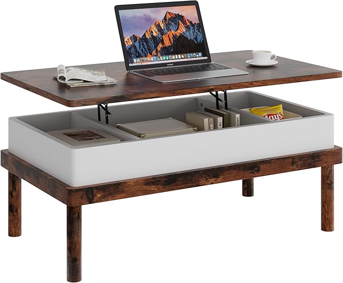 Shintenchi Coffee Table, Lift Top Coffee Table with Hidden Compartment, Rising Tabletop Dining Table, Lift Top Coffee Center Table for for Living Room, Office, Home (Rustic Brown)