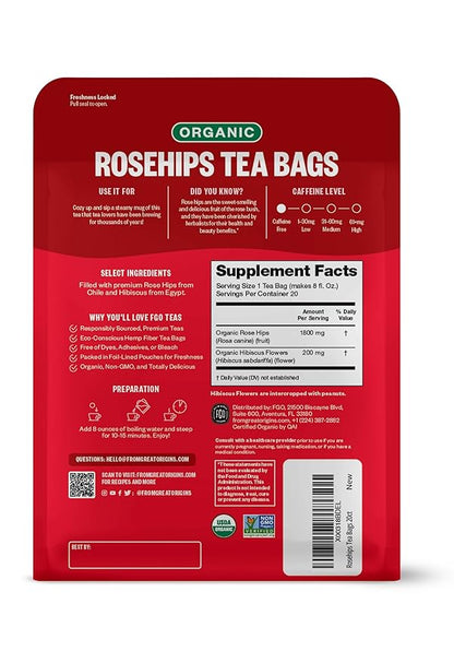 FGO Organic Rosehips Tea, 20 Count, Eco-Conscious Herbal Tea Bags, Resealable Bag, Caffeine Free, Packaging May Vary (Pack of 1)
