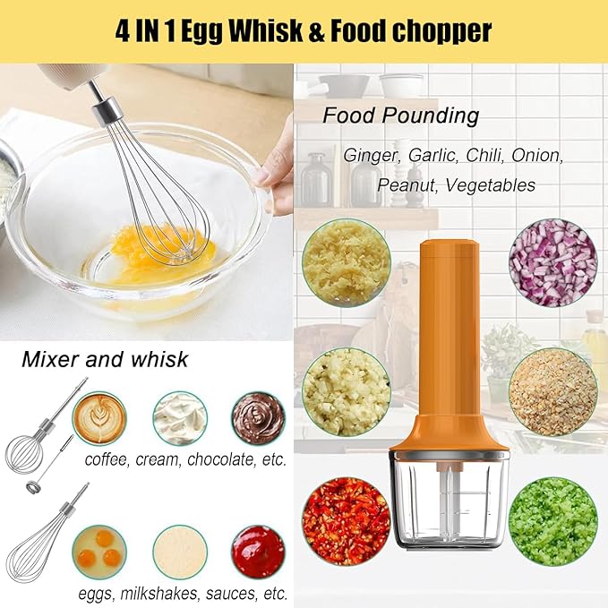 4-in-1 Electric Hand Mixer, Electric Whisk, Mini Onion Chopper 10Oz, Small Cordless Hand Blender, Milk Frother Wand for Coffee, Matcha, 4 Speed Rechargeable Food Processor for Baby Food Maker