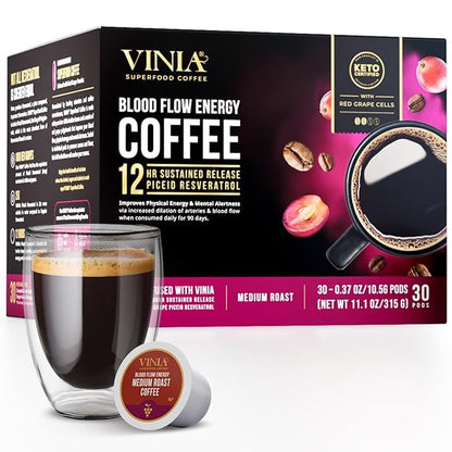 VINIA Blood Flow Energy Coffee Pods - Medium Roast Infused with Red Grape Piceid Resveratrol for Physical Energy & Mental Alertness, Compatible with K Cups Superfood Coffee, Full-Bodied, 30 Ct