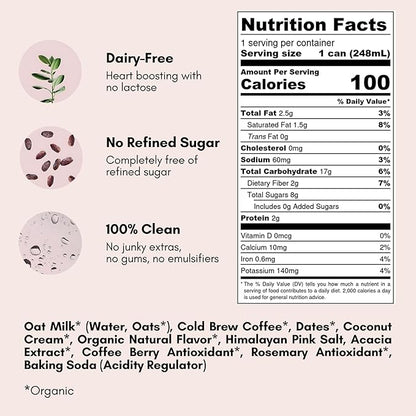 Pop & Bottle, Oat Milk Lattes - Cold Brew with Coffee Berry Antioxidants, MCT Oil, Organic, Dairy Free, Gluten Free, Great as Iced Coffee, Lightly Sweetened with Dates - Classic, 8 Fl Oz (12 Pack)