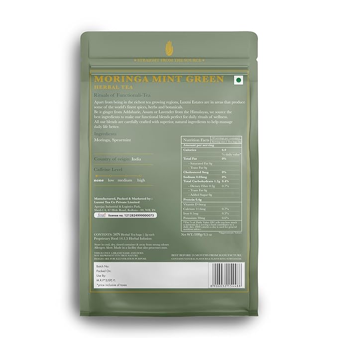 Luxmi Estates Moringa Mint Organic Moringa Mint Green Tea (50 Tea Bags) Caffeine Free Tea Bags For Digestion, Detox, and Stress Relief, With Certified Organic Herbal Tea