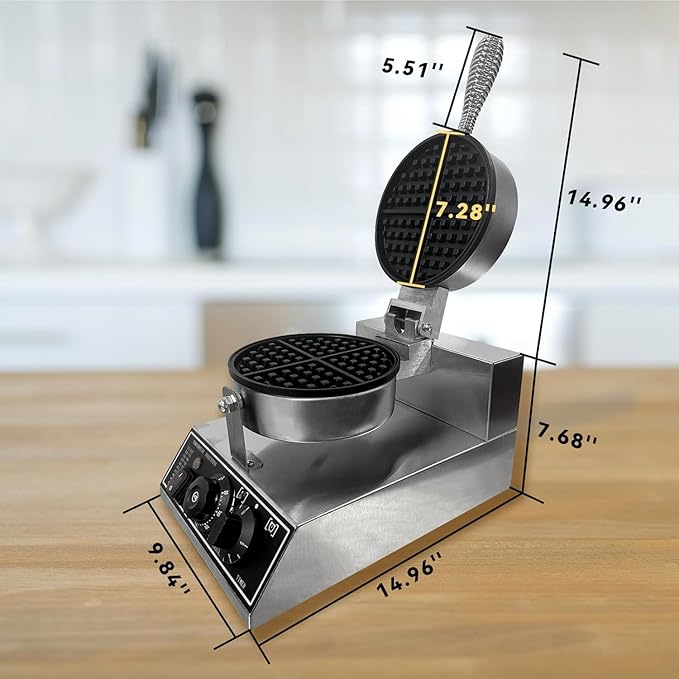 Commercial Waffle Maker, 1200W Stainless Steel Nonstick Round Waffle Iron with 122℉ to 572℉ Temp Range & Time Control, for Household Bakeries Snack Bar
