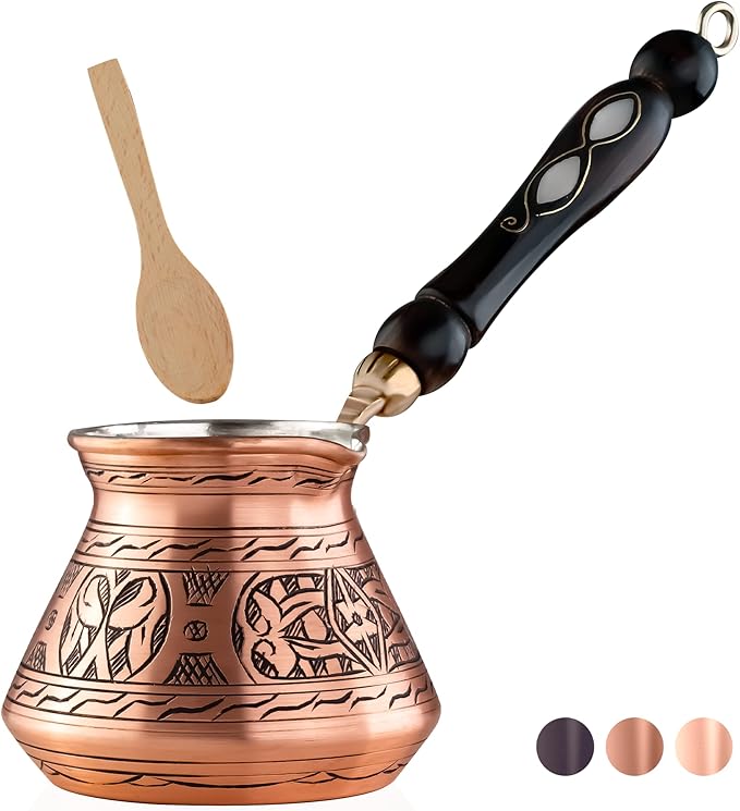 BCS 12 Oz Copper Turkish Greek Arabic Coffee Pot with Wooden Handle (4 servings) Cezve Ibrik Briki Stovetop Coffee Maker (Includes Wooden Spoon)