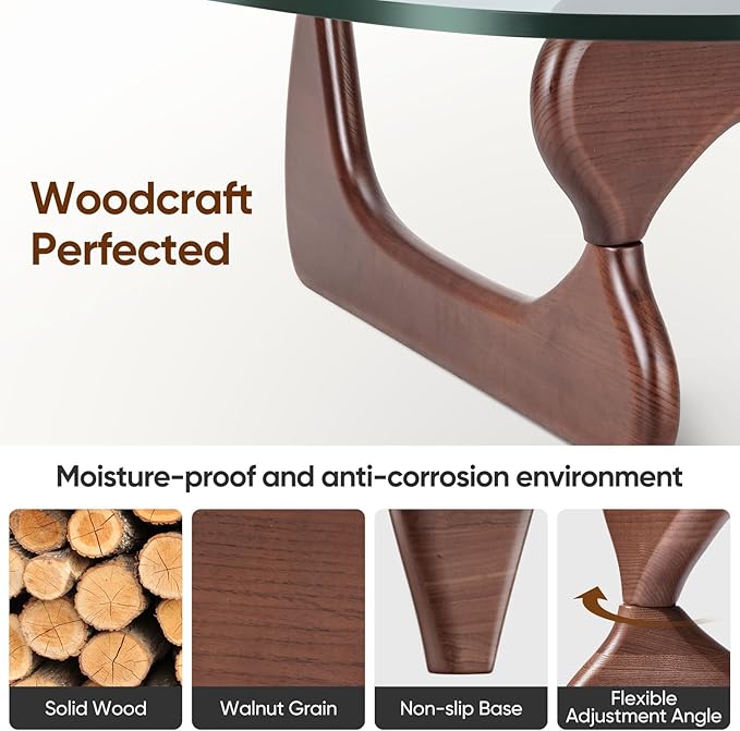 Noguchi Table Triangle Glass Coffee Table Vintage Glass End Table, Solid Wood Base and Triangle Clear Glass Top Modern End Table for Living Room, Patio, Study, Dark Walnut