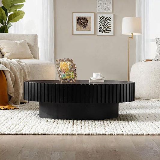 Handmade Oval Grooved Drum-Shaped Coffee Table、Rustic Modern Circular Centerpiece for Living Room & Farmhouse Decor、Easy to Clean (C Black 43in)
