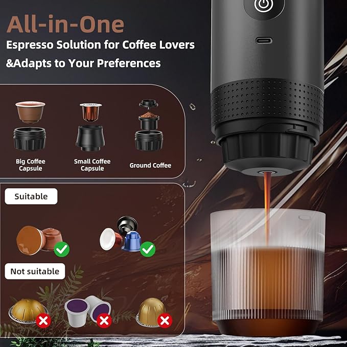 Portable Coffee Maker for Travel & Camping, Portable Espresso Maker for Travel, Rechargeable Cordless Battery Operated Coffee Makers for Ground Coffee, NS Capsule RV, Hiking, Office(Grey)