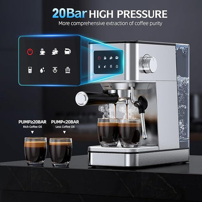 Espresso Machine with Milk Frother, 20 Bar Compact Coffee Machine with Touch Screen & 57.5oz Removable Water Tank for Home, Stainless Steel Espresso Maker for Cappuccino, Latte(2025 updated model)