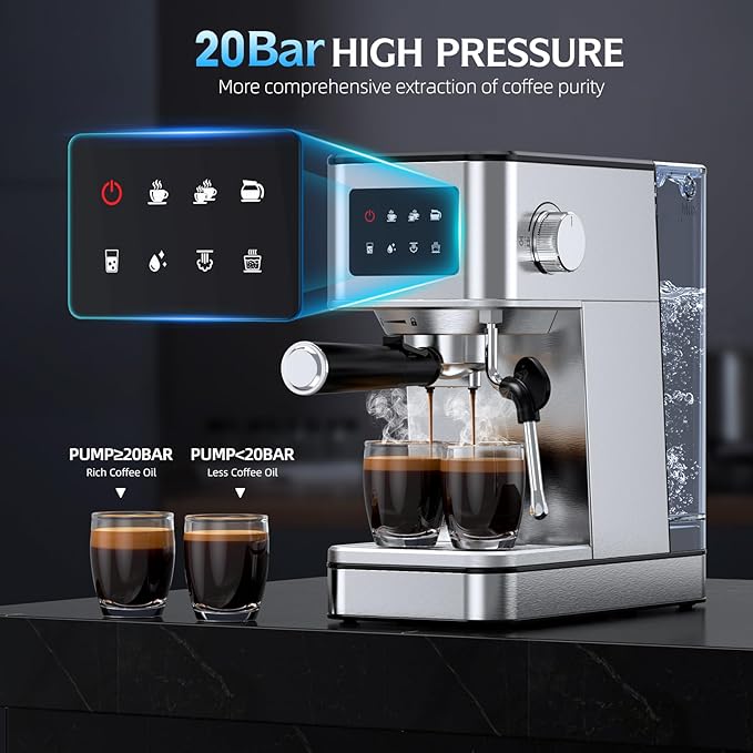 Espresso Machine with Milk Frother, 20 Bar Compact Coffee Machine with Touch Screen & 57.5oz Removable Water Tank for Home, Stainless Steel Espresso Maker for Cappuccino, Latte(2025 updated model)