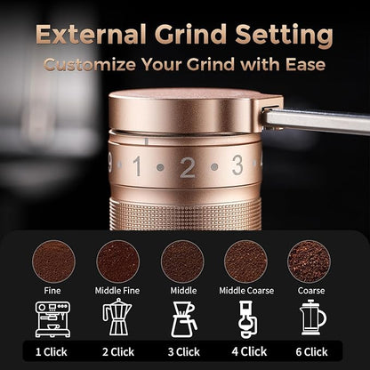Bincoo Manual Coffee Grinder with Foldable Handle– External Setting Hand Coffee Grinder with Steel Burr,Compact and Portable for Home/Travel/Camping(Champagne)