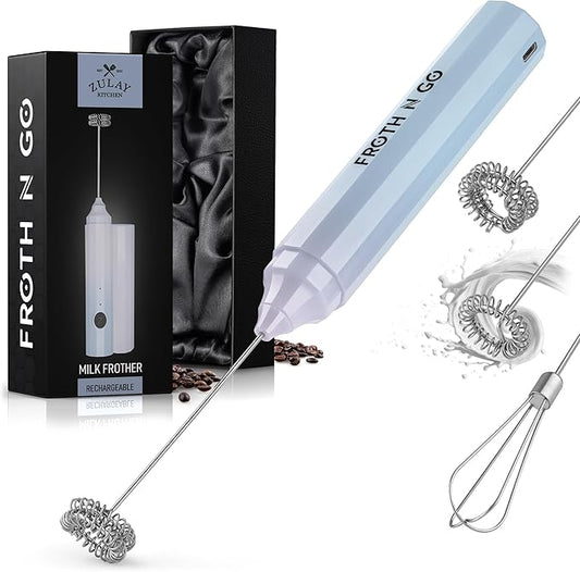 Zulay Froth N Go Milk Frother Rechargeable - 3-in-1 Frother Wand With Case & USB-C Charger - Comes With 3 Whisk Attachments for Latte, Cappuccino, Matcha, Protein Shakes - Cloud
