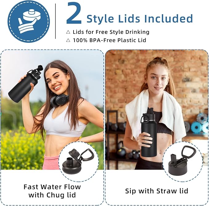 Volhoply 32oz Insulated Water Bottles Bulk 2 Pack with Straw Lid & Spout Lid,Stainless Steel Sports Water Bottle,Double Wall Vacuum Cups,Leakproof Wide Mouth Metal Flask for Hiking,Camping(Black,2)