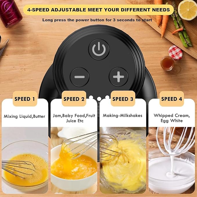 Electric Hand Mixer with Whisk, Handheld Electric Whisk, Hand Blender Set for Mini Food Processor, Rechargeable Cordless Handheld Mixer, Small Food Chopper for Dicing, Mincing, and Puree, 4-Speed,10Oz
