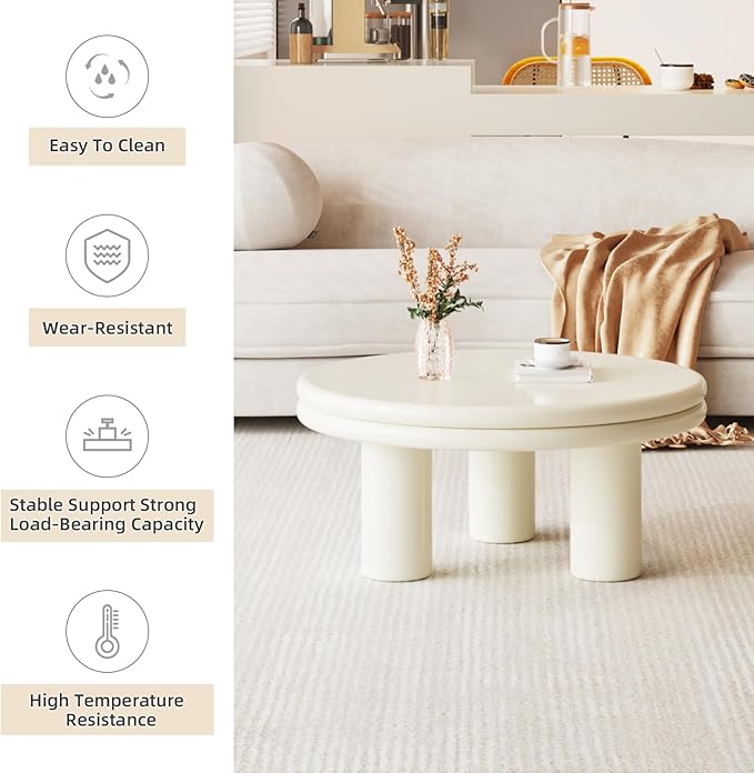 Modern Coffee Table, Round Coffee Table with Dual-Layered Table Tops, Cream White Living Room Center Table for Bedroom, Office, Small Spaces, Easy to Assemble