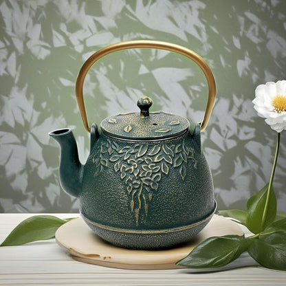 TOPTIER Japanese Cast Iron Tea Kettle with Infuser, Leaf Design Teapot Stovetop Safe Coated with Enameled Interior for 32 Ounce (950 ml), Dark Green