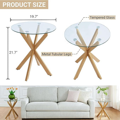 Modern Glass End Table, Small Round Side Table for Couch, Sofa Table with Clear Tempered Glass Top for Living Room, Bedroom, Bedside, 19.7" Wx21.7 H Gold