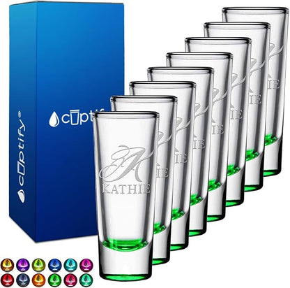 Personalized Shot Glasses Set of 8 Green Bottom Custom 2 oz Cordial Shot Glass Initial and Name for Gifts, Weddings, Birthdays, Party, Event, Decorations